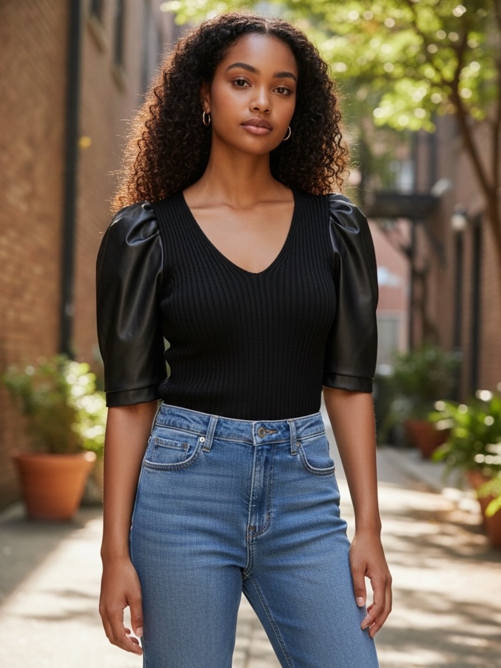 Brand New Never Worn Express Black Sweater With Vegan Leather Sleeves